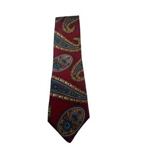 Claiborne Mens Silk Necktie Burgundy Teal Gold Paisley Wide Classic Tie USA Made